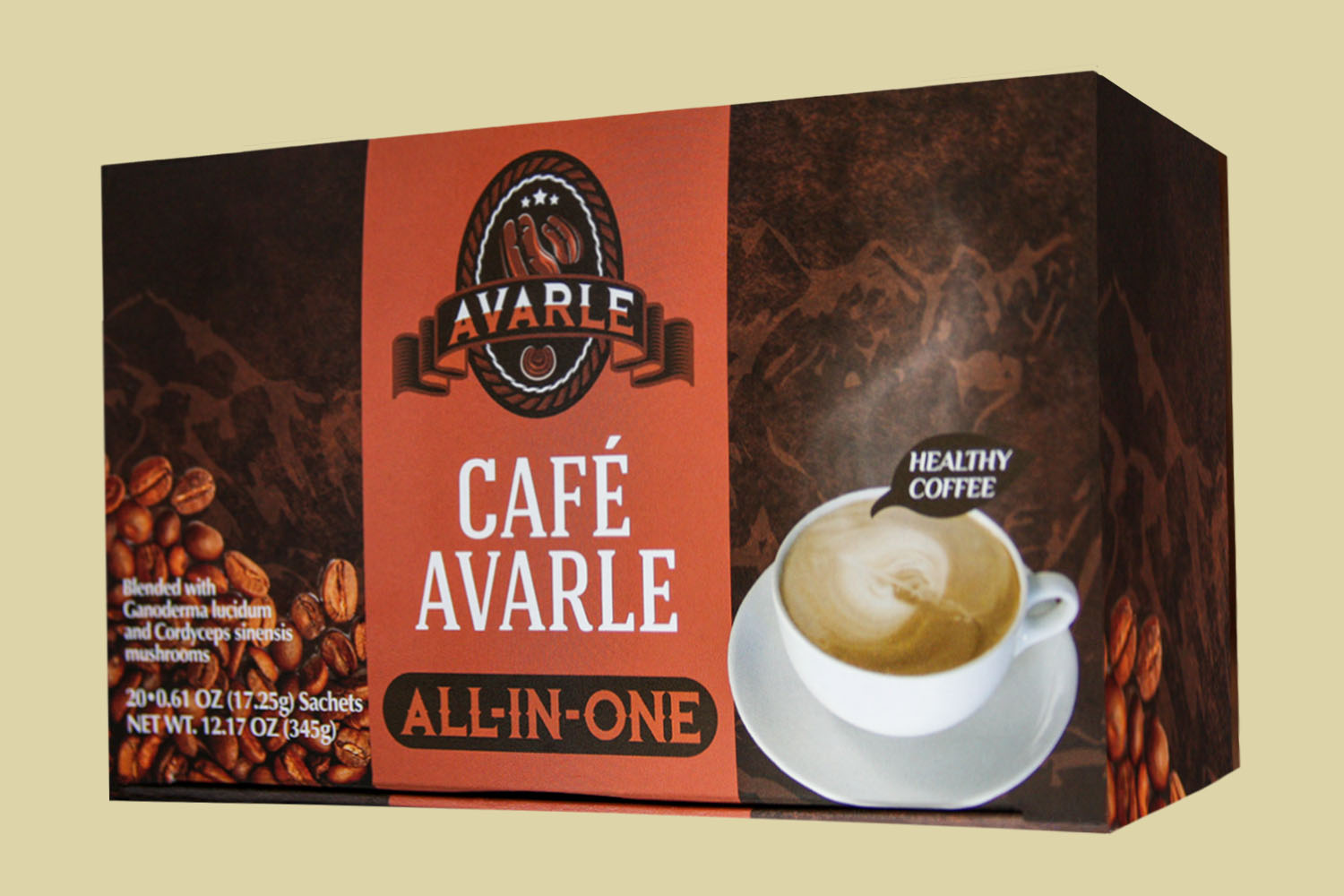 Café Avarle All-in-One Healthy Coffee with Ganoderma and Cordyceps - Creamer, Sugar and Xylitol (20 pk/box)