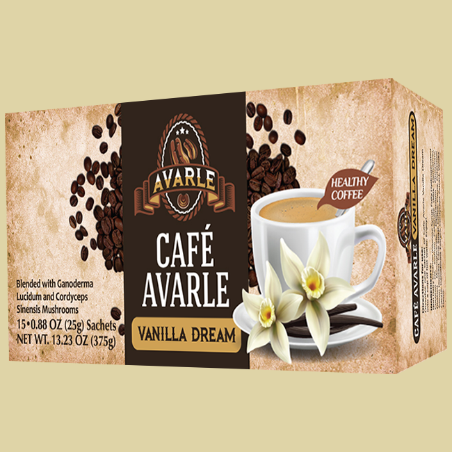Café Avarle Vanilla Dream Cappuccino with Ganoderma and Cordyceps - Creamer, cane Sugar, Vanilla, and Cocoa - (15 pk/box)